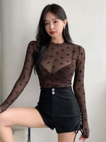 DAZY 幾何印花短款網紗上衣不附胸罩 - 咖啡棕 - 查看 6