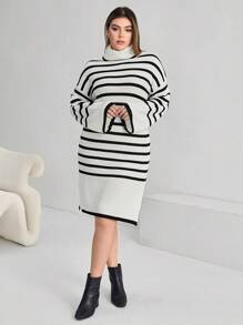 SHEIN Essnce 大碼條紋圖案落肩袖毛衣洋裝不附腰帶 - 黑與白 - 查看 4