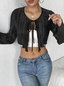 INAWLY 1pc Tie Front Lettuce Trim Flare Sleeve Crop Top Fall Cloth For Women - Black - View 3
