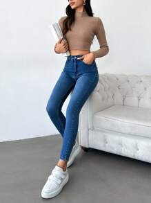 EURMUSE Pocket Detail Skinny Cropped Jeans - Blue - View 4