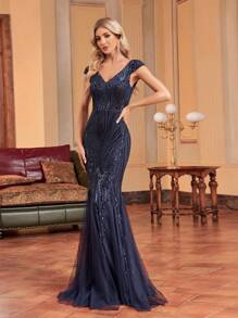 XUIBOL 高品质弹性亮片 V 领盖袖，修身剪裁，鱼尾下摆设计，纯色优雅奢华女士长裙，让女性更年轻、更迷人，适合各种派对、毕业典礼、婚礼、活动和各种宴会和舞会，女士正式舞会礼服（豪华版）舞会晚会婚礼宾客礼服，晚宴礼服 - 藏蓝色 - 查看 7
