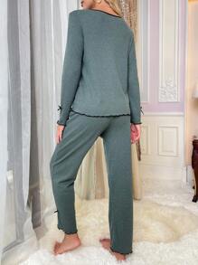 Contrast Binding Notched Neckline Lettuce Trim Lounge Set - Army Green - View 2