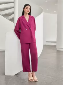 Seusyu Lapel Neck Double Button Blazer & Pants - Hot Pink - View 7