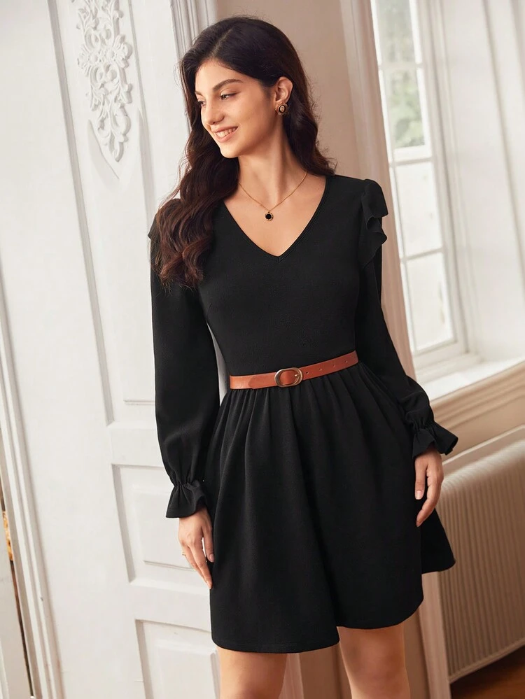 V Neck Ruffle Trim Flounce Sleeve Dress Without Belt Winter Elegant Black Evening Dress