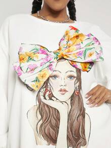 SHEIN CURVE+ Hơn Đồ họa Hình Hoa Chi tiết Big Bow Thả vai Đầm - trắng - Xem 7