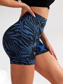 Tropical Print Wideband Waist Sports Shorts - Blue - View 5