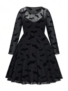 SHEIN LUNE Plus Halloween Bat Print Mesh Dress Without Belt Fall Cloth For Women - Black - View 1
