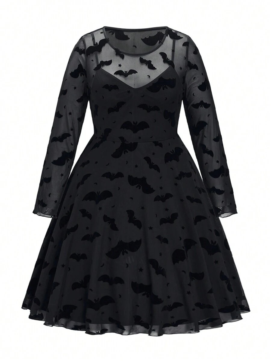SHEIN LUNE Plus Halloween Bat Print Mesh Dress Without Belt Fall Cloth For Women - Black - View 1