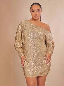 SHEIN BAE Christmas Plus Asymmetrical Neck Batwing Sleeve Sequin Dress
