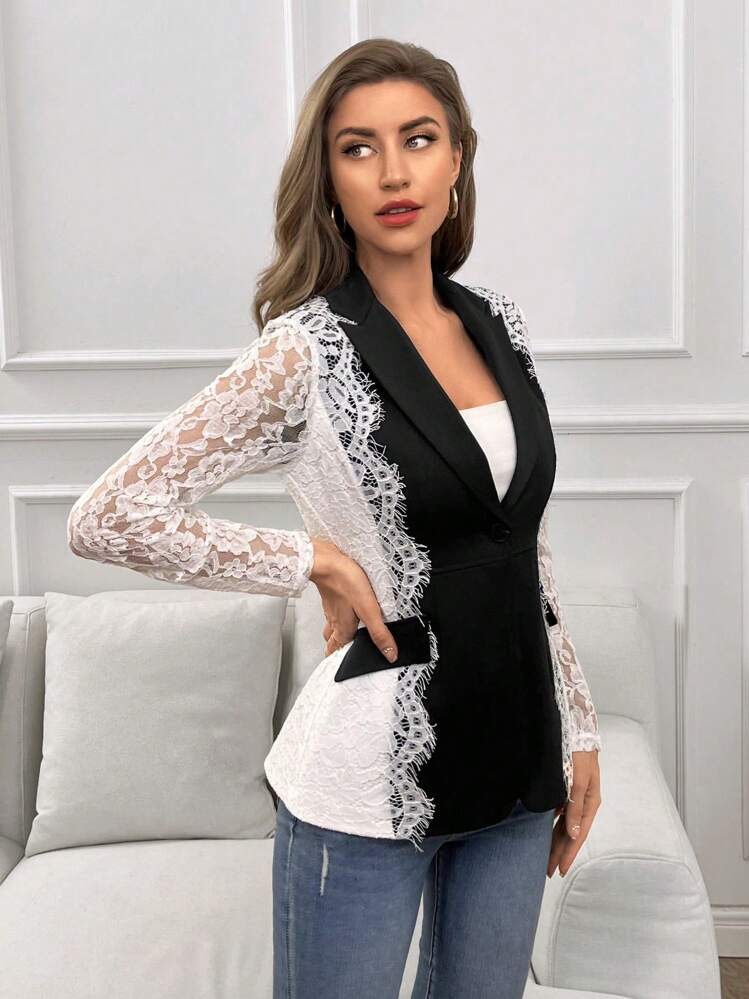 SHEIN Privé בלייזר תחרה ניגודיות עם כפתור אחד - שחור ולבן - ראה 5