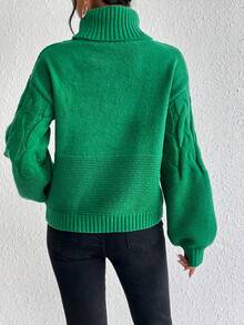 SHEIN Essnce Turtleneck Cable Knit Drop Shoulder Sweater - Green - View 2