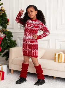 SHEIN 女大童1入組幾何聖誕圖案毛衣洋裝適用於聖誕