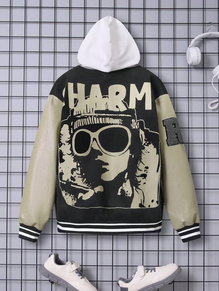 Tween Boy Figure & Letter Graphic & Patched Detail Two Tone Varsity Jacket Without Hoodie