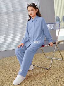 SHEIN Leap Crew Tween Girl Slogan Graphic Drop Shoulder Shirt & Wide Leg Pants