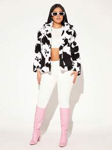 SHEIN SXY Abrigo Con Hombros Caídos Y Estampado De Vaca Con Pelo - Blanco y Negro - Ver 5