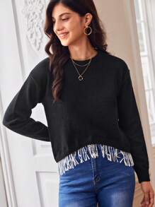 SHEIN Frenchy 流蘇下擺落肩袖套頭毛衣 - 黑色 - 查看 1