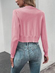 SHEIN LUNE Solid Button Front Crop Cardigan - Pink - View 2