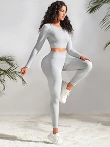 Easithlete Conjunto deportivo inconsútil de manga raglán - Gris Claro - Ver 3