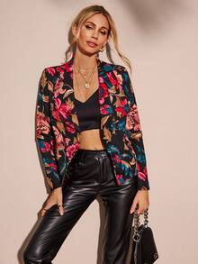 SHEIN LUNE 花卉印花青果領開襟夾克 - 彩色 - 查看 4