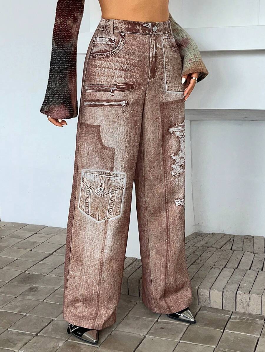 SHEIN ICON Denim Effect Print Pants - Khaki - View 1