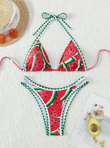 SHEIN 西瓜印花三角比基尼套裝，頸掛式 - 彩色 - 查看 7