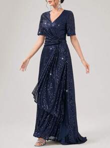 SHEIN Belle Surplice Neck Draped Sequin Dress - Navy Blue - View 3