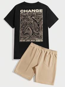 Manfinity VCAY Men Slogan Graphic Tee & Drawstring Waist Shorts Summer Outfit - Khaki - View 3
