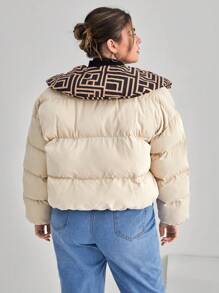 SHEIN Essnce Plus Geo Print Collar Padded Coat - Apricot - View 2
