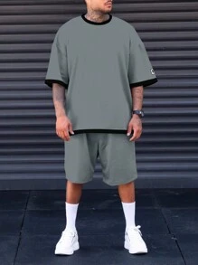 Manfinity Homme 男士大码拼接邊落肩T恤和短褲 - 灰色 - 查看 5