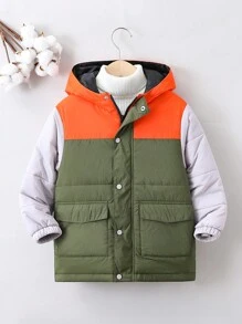 男童单件拼色翻盖口袋连帽棉服外套 - 彩色 - 查看 1