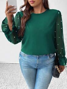Celure Plus Pearls Beaded Flare Sleeve Blouse - Dark Green - View 6