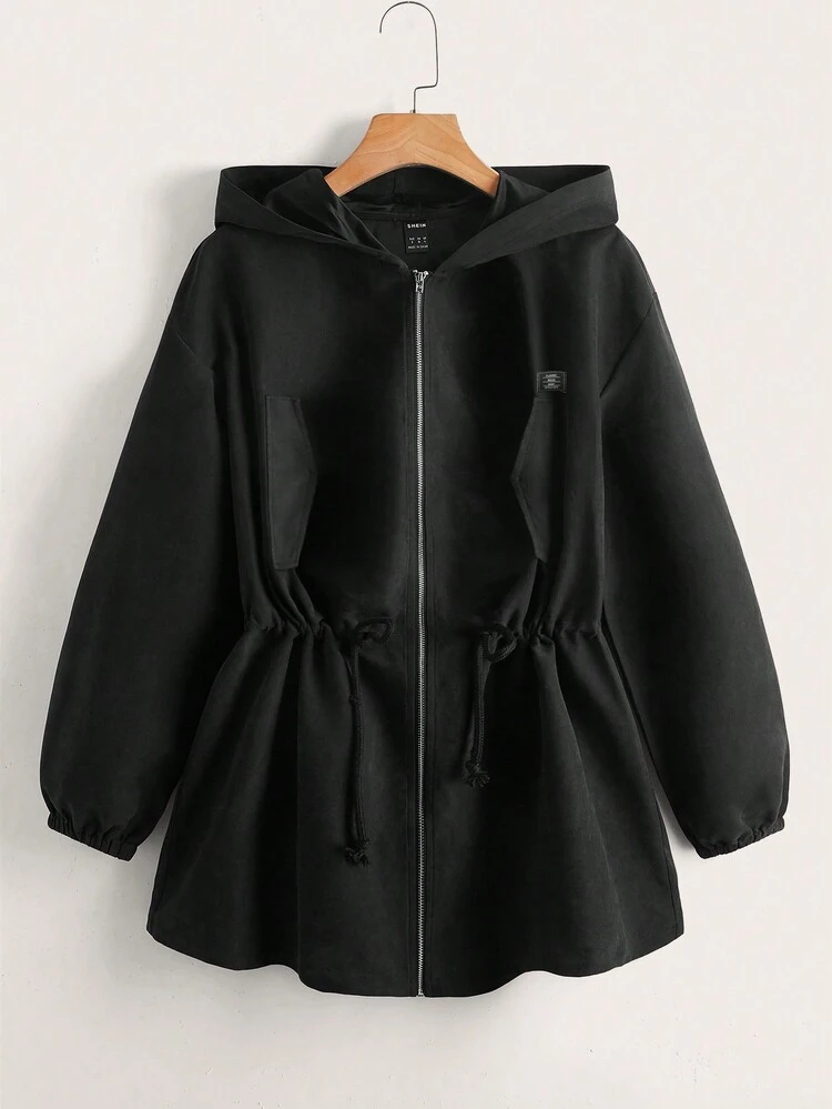 Plus Letter Patched Drawstring Waist Hooded Coat Winter Fall Autumn