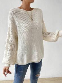 SHEIN LUNE Chất rắn Thả vai Dệt kim chấm bi Áo len - trắng - Xem 6