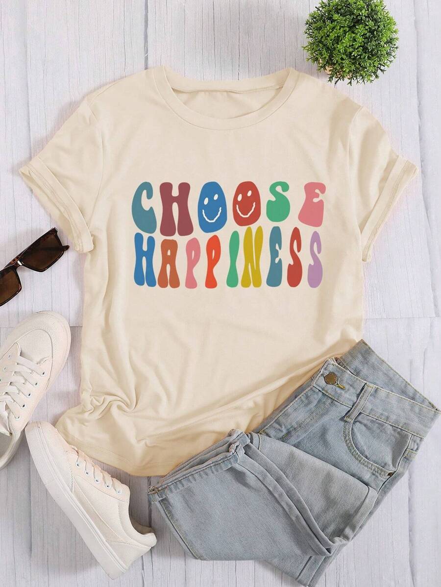 SHEIN Unity Slogan Graphic Tee CHOOSE HAPPINESS - Apricot - View 1