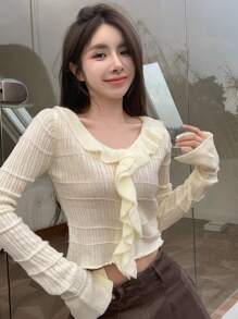 DAZY Solid Ruffle Trim Flounce Sleeve Crop Sweater,Fall Women Clothes - Apricot - View 2