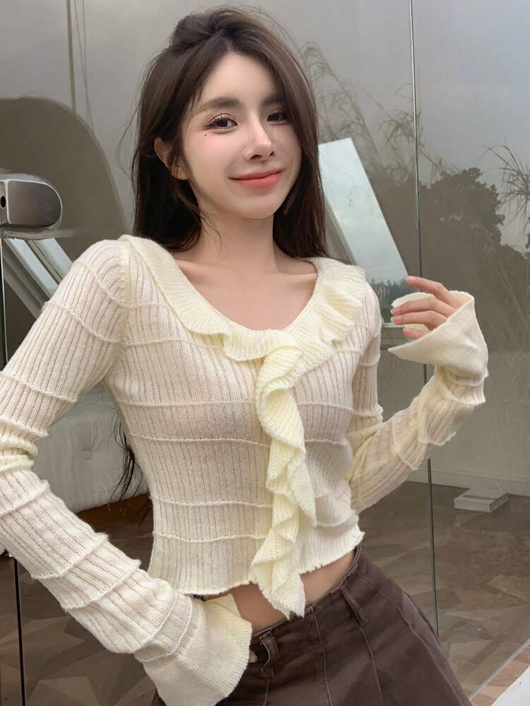 Solid Ruffle Trim Flounce Sleeve Crop Sweater,Fall Women Clothes