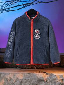 BATMAN X SHEIN Tween Boy Letter Embroidery Contrast Binding Fluffy Coat - Dark Grey - View 1