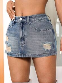 SHEIN ICON Ripped Bodycon Denim Skirt - Blue - View 4