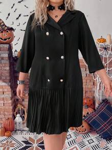 SHEIN Clasi Talla grande Vestido de doble botonadura bajo fruncido - Azul - Ver 4