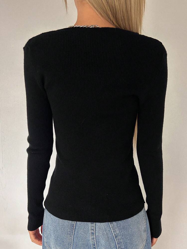Contrast Lace Ribbed Knit Sweater Fall