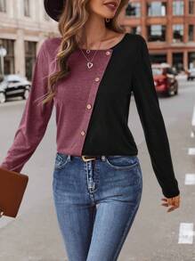 SHEIN Clasi Two Tone Button Detail Tee Asymmetrical Top - Burgundy - View 6