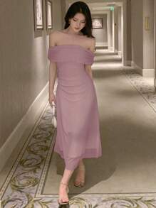 DAZY Đầm suông Bardot nhún bèo bên hông Đầm dạ hội Đầm suông hở vai Đầm thanh lịch cho nữ - Hồng - Xem 2