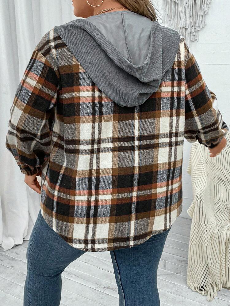 Plus Plaid Print Drop Shoulder Drawstring Hooded Jacket Fall Winter Cloth For Women Autumn