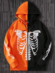 Manfinity Roghcode Men Plus Halloween Skeleton Print Two Tone Drawstring Hoodie, For Fall Winter - Multicolor - View 3