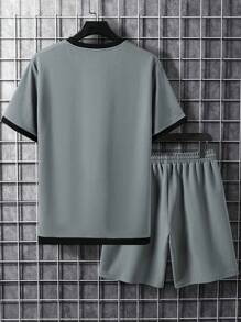 Manfinity Homme 男士大码拼接邊落肩T恤和短褲 - 灰色 - 查看 4