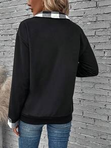 SHEIN LUNE In kẻ sọc Một nửa khóa kéo Thả vai Áo nỉ - màu đen - Xem 2
