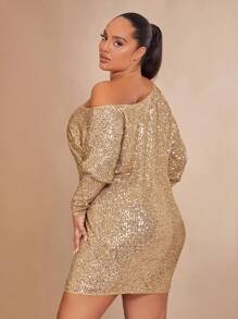 SHEIN BAE Christmas Plus Asymmetrical Neck Batwing Sleeve Sequin Dress