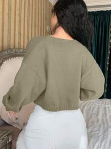 SHEIN Privé Top de punto de tubo corto liso con cárdigan de hombros caídos - Caqui - Ver 2