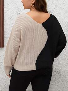 SHEIN LUNE Plus Two Tone Drop Shoulder Sweater - Khaki - View 2