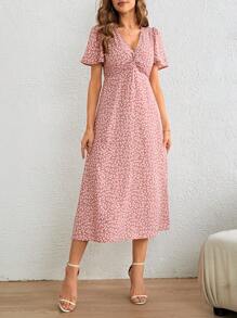 SHEIN Frenchy 碎花前扭結洋裝 - 藕粉色 - 查看 3